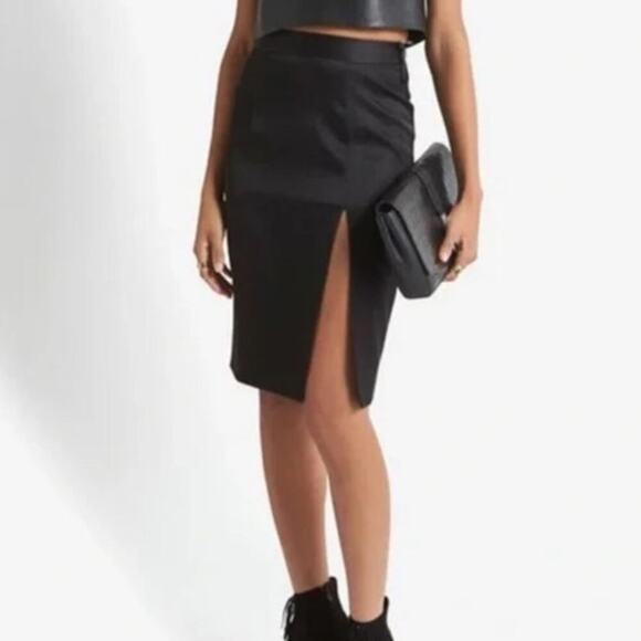 L'Agence Hanna Satin High Waisted Side Slit Midi Pencil Skirt Black Women's 2 - Picture 1 of 7